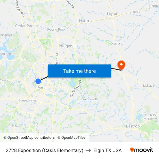 2728 Exposition (Casis Elementary) to Elgin TX USA map