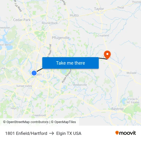 1801 Enfield/Hartford to Elgin TX USA map
