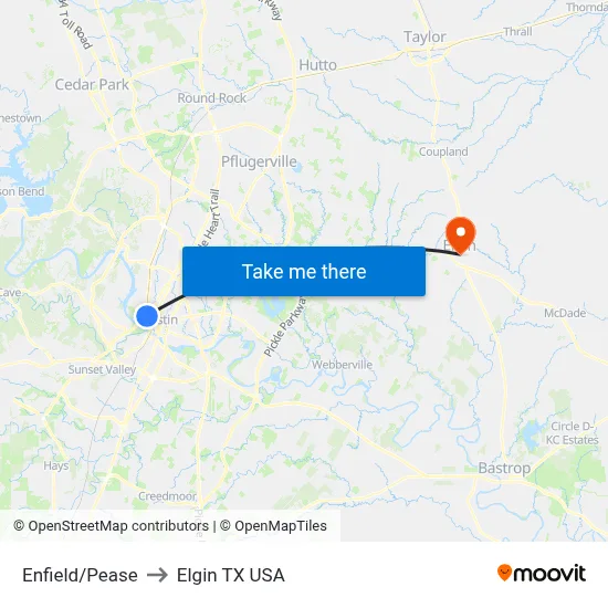 Enfield/Pease to Elgin TX USA map