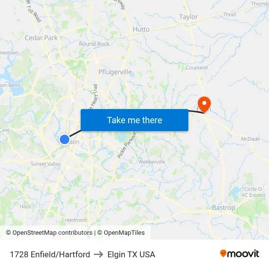 1728 Enfield/Hartford to Elgin TX USA map