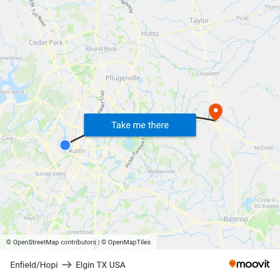 Enfield/Hopi to Elgin TX USA map