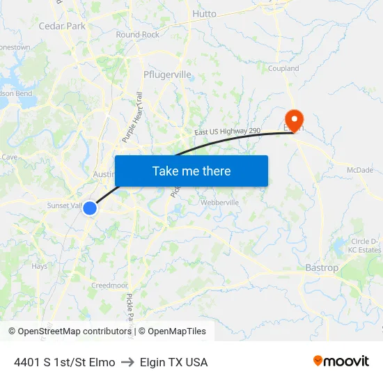 4401 S 1st/St Elmo to Elgin TX USA map