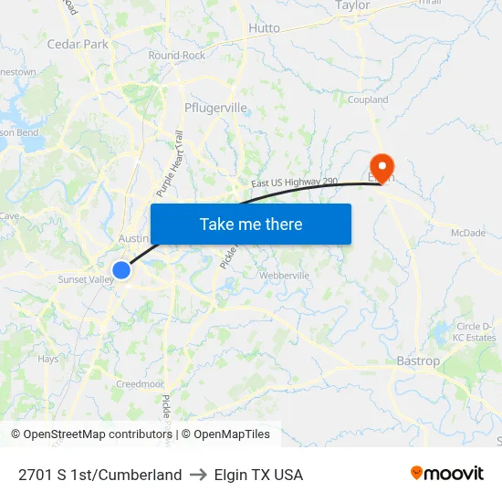 2701 S 1st/Cumberland to Elgin TX USA map