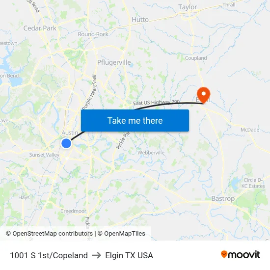 1001 S 1st/Copeland to Elgin TX USA map