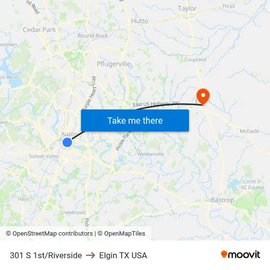 301 S 1st/Riverside to Elgin TX USA map