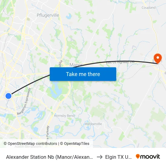Alexander Station Nb (Manor/Alexander) to Elgin TX USA map