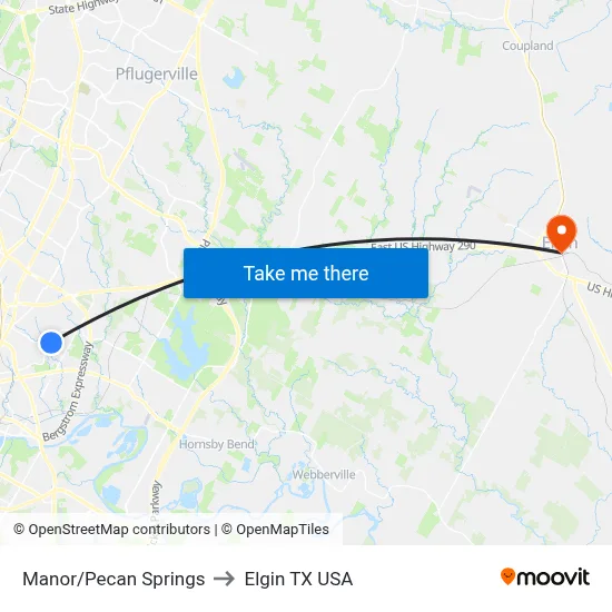 Manor/Pecan Springs to Elgin TX USA map