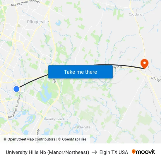University Hills Nb (Manor/Northeast) to Elgin TX USA map