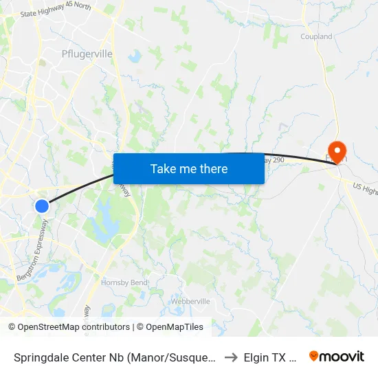 Springdale Center Nb (Manor/Susquehanna) to Elgin TX USA map