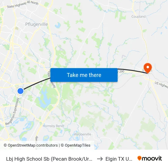 Lbj High School Sb (Pecan Brook/Uray) to Elgin TX USA map