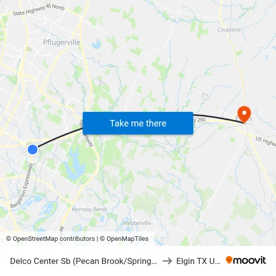 Delco Center Sb (Pecan Brook/Springdale) to Elgin TX USA map