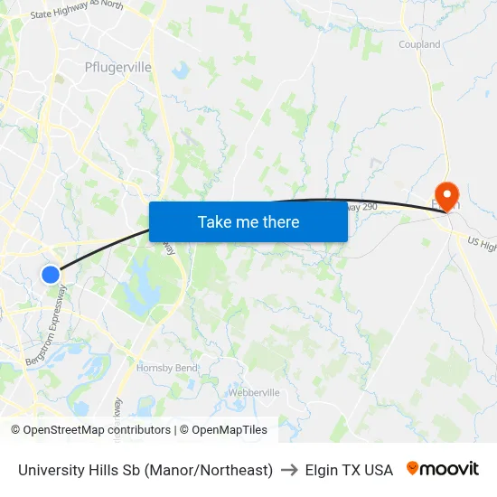 University Hills Sb (Manor/Northeast) to Elgin TX USA map