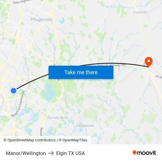 Manor/Wellington to Elgin TX USA map