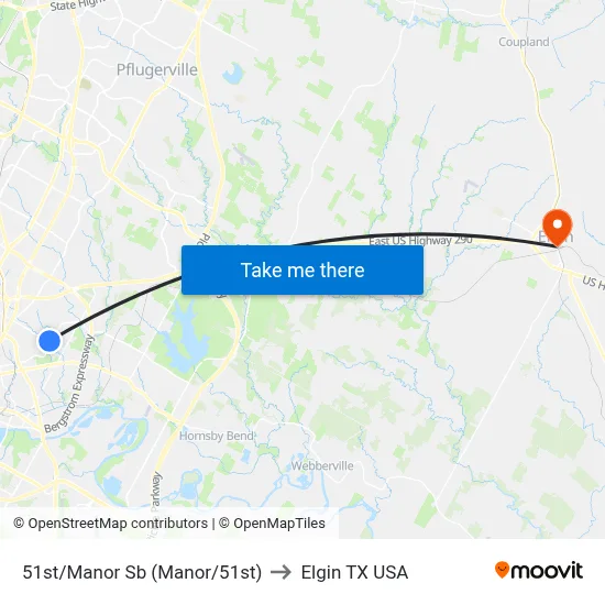 51st/Manor Sb (Manor/51st) to Elgin TX USA map