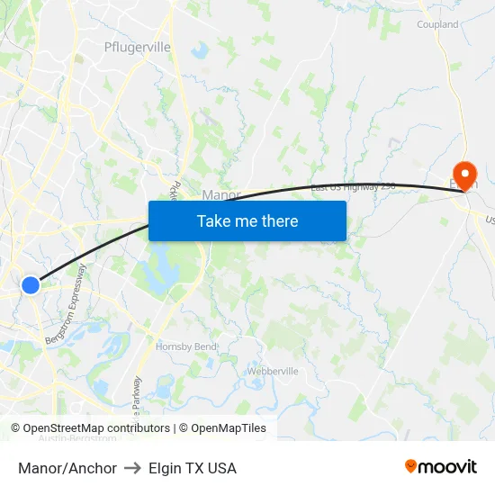 Manor/Anchor to Elgin TX USA map