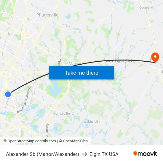 Alexander Sb (Manor/Alexander) to Elgin TX USA map