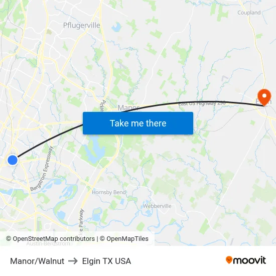 Manor/Walnut to Elgin TX USA map