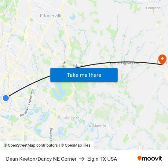 Dean Keeton/Dancy NE Corner to Elgin TX USA map