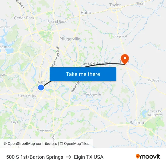 500 S 1st/Barton Springs to Elgin TX USA map
