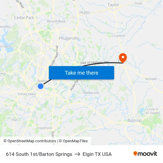 614 South 1st/Barton Springs to Elgin TX USA map