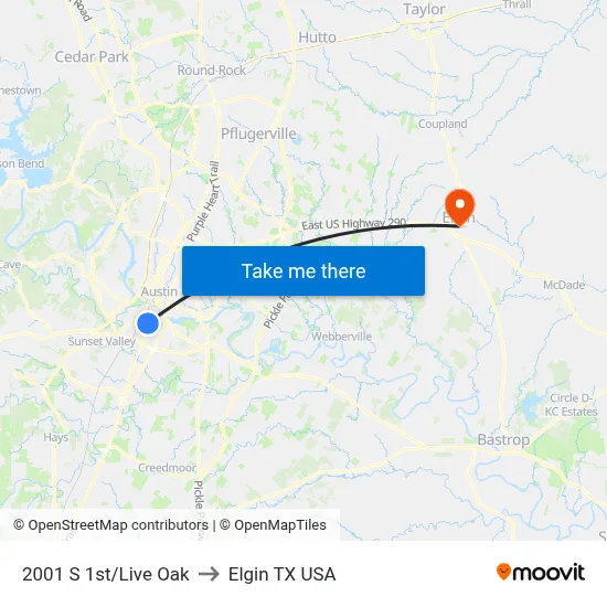 2001 S 1st/Live Oak to Elgin TX USA map