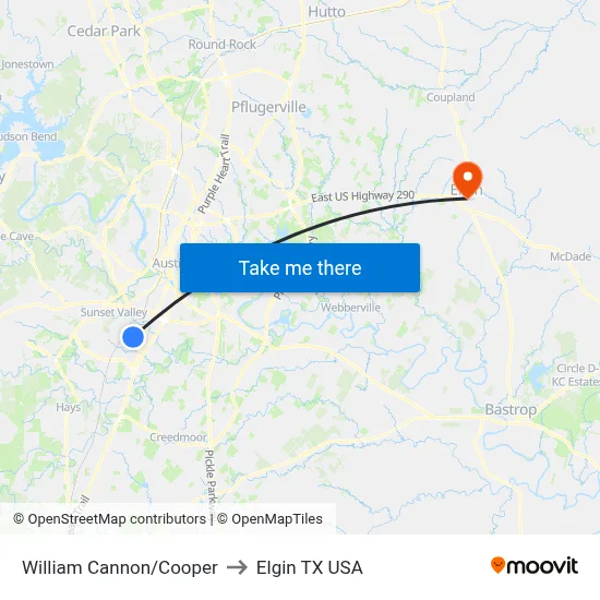 William Cannon/Cooper to Elgin TX USA map