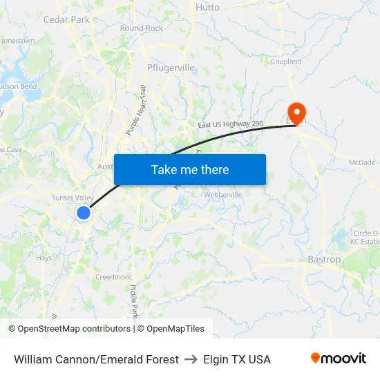 William Cannon/Emerald Forest to Elgin TX USA map
