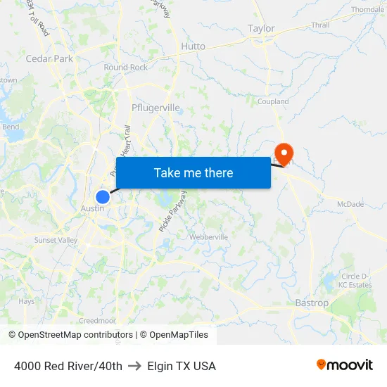 4000 Red River/40th to Elgin TX USA map
