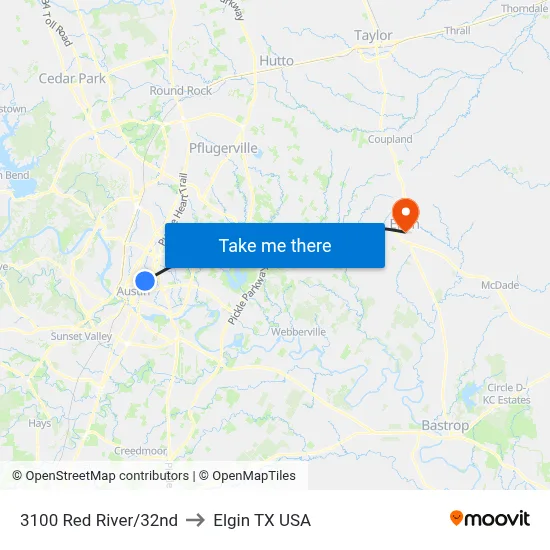 3100 Red River/32nd to Elgin TX USA map