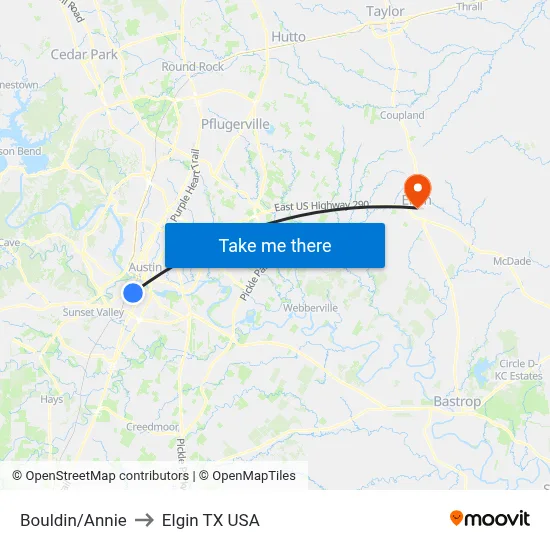 Bouldin/Annie to Elgin TX USA map