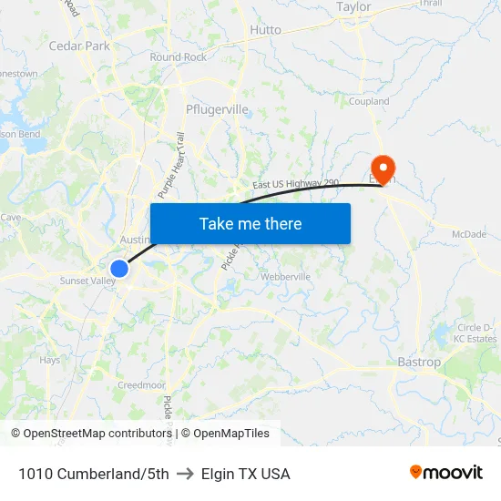 1010 Cumberland/5th to Elgin TX USA map