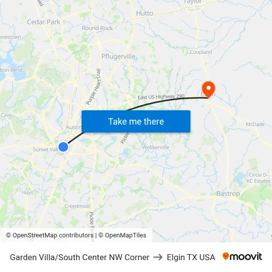 Garden Villa/South Center NW Corner to Elgin TX USA map