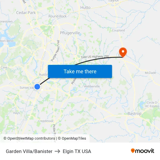 Garden Villa/Banister to Elgin TX USA map