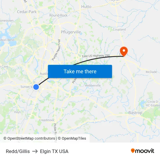 Redd/Gillis to Elgin TX USA map