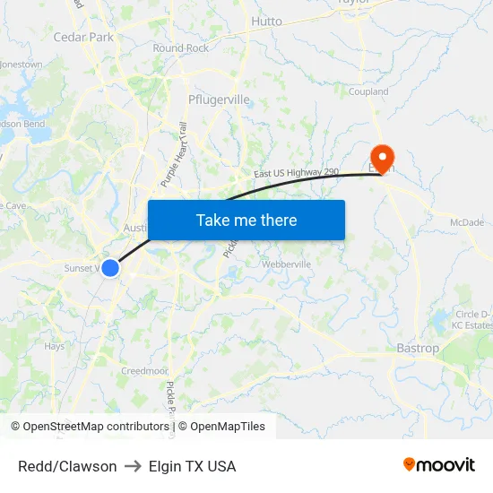 Redd/Clawson to Elgin TX USA map