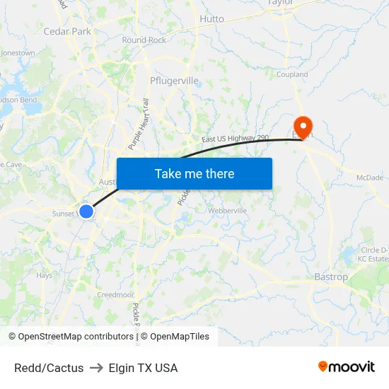 Redd/Cactus to Elgin TX USA map