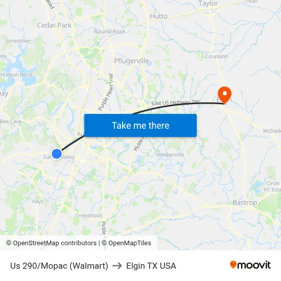 Us 290/Mopac (Walmart) to Elgin TX USA map