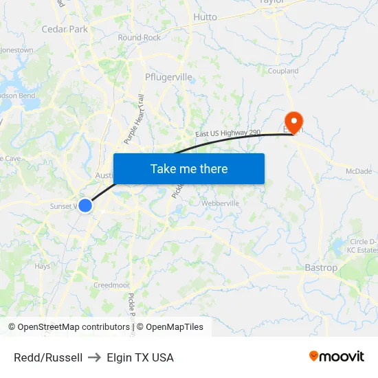 Redd/Russell to Elgin TX USA map
