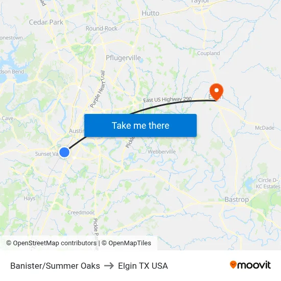 Banister/Summer Oaks to Elgin TX USA map