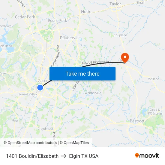 1401 Bouldin/Elizabeth to Elgin TX USA map