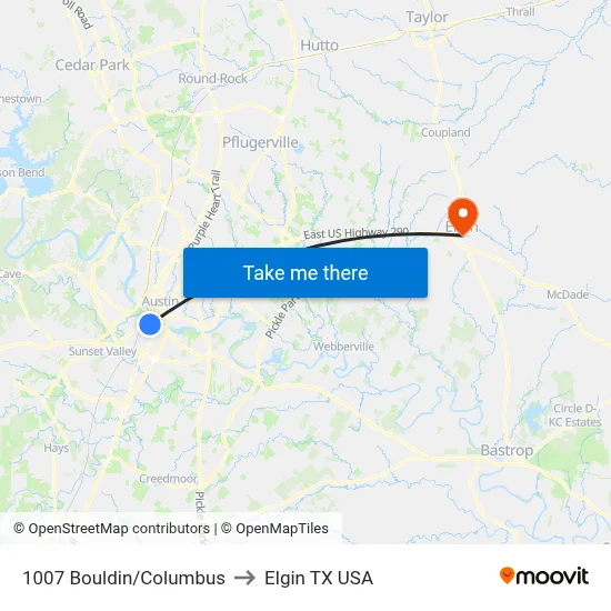 1007 Bouldin/Columbus to Elgin TX USA map