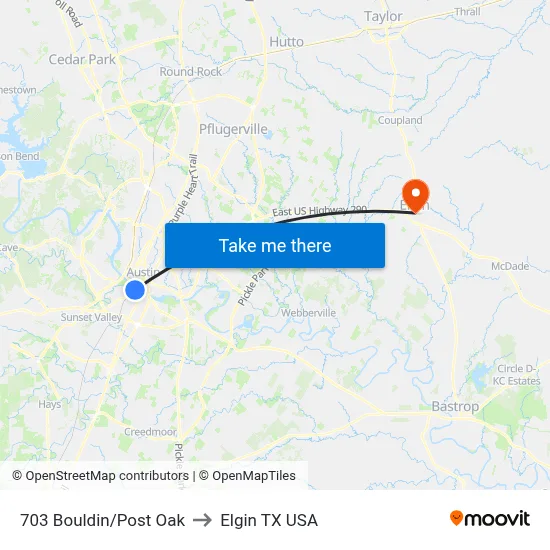 703 Bouldin/Post Oak to Elgin TX USA map