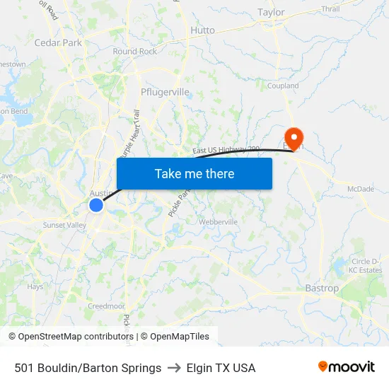 501 Bouldin/Barton Springs to Elgin TX USA map