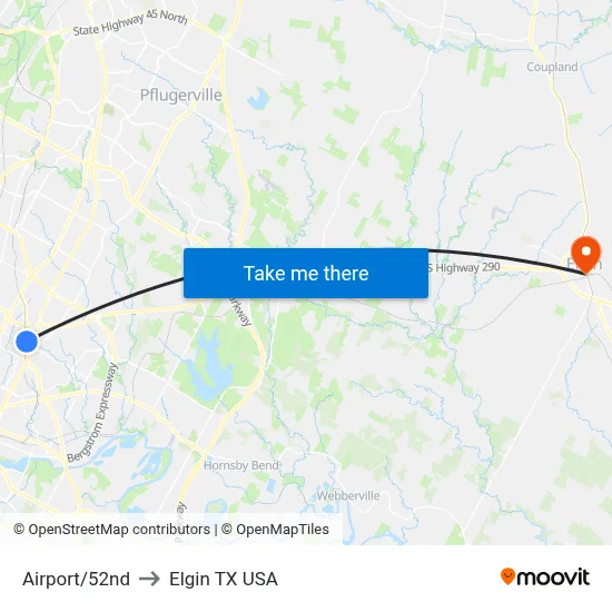 Airport/52nd to Elgin TX USA map