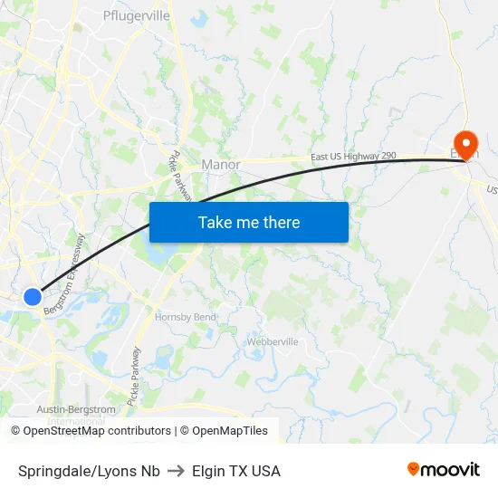 Springdale/Lyons Nb to Elgin TX USA map