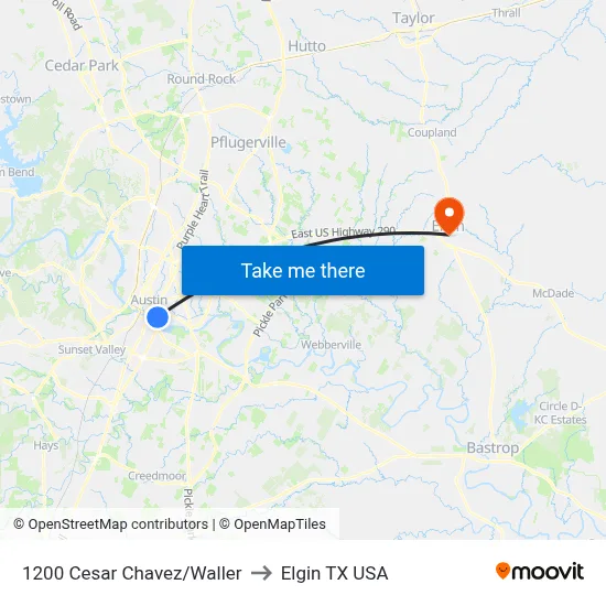 1200 Cesar Chavez/Waller to Elgin TX USA map