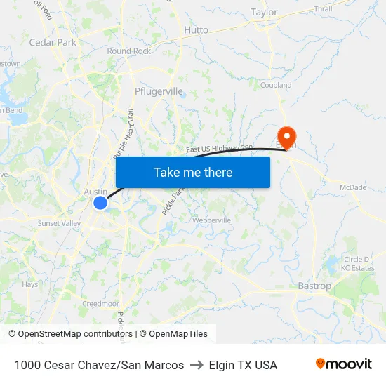1000 Cesar Chavez/San Marcos to Elgin TX USA map