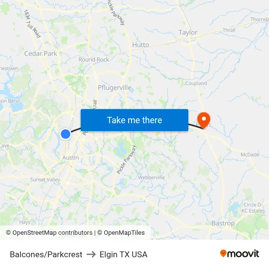 Balcones/Parkcrest to Elgin TX USA map