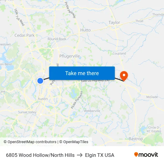 6805 Wood Hollow/North Hills to Elgin TX USA map