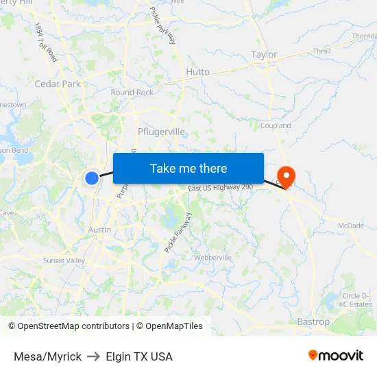 Mesa/Myrick to Elgin TX USA map